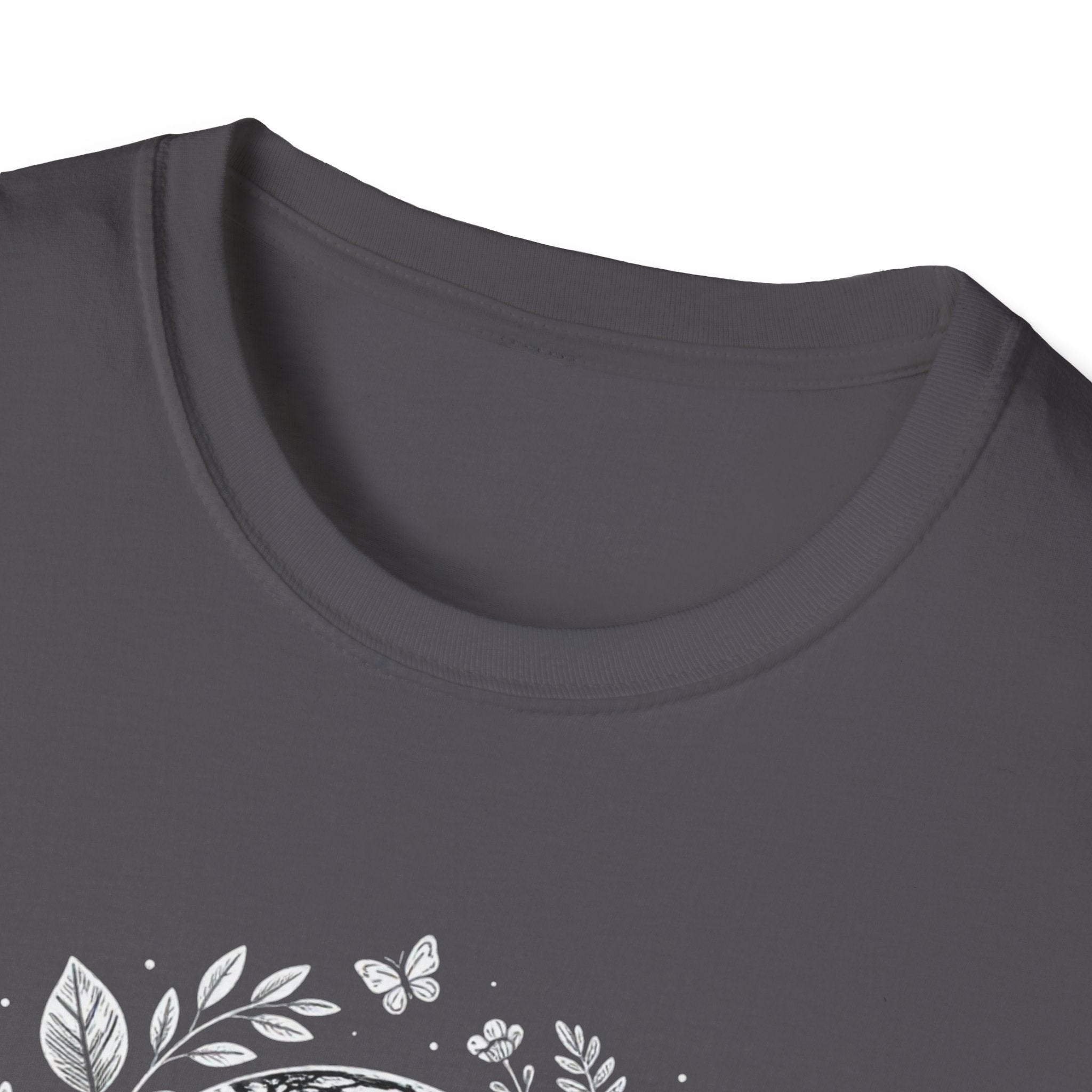 Charcoal crewneck T-shirt neckline with partial white globe-and-leaf graphic