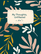 A5 notebook cover close-up with teal botanical pattern and text “My Thoughts, Unfiltered”.