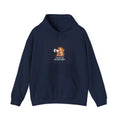 Navy hooded sweatshirt with front pocket and chest graphic design