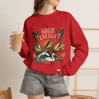 Red unisex sweatshirt with botanical “Good Energy” front graphic