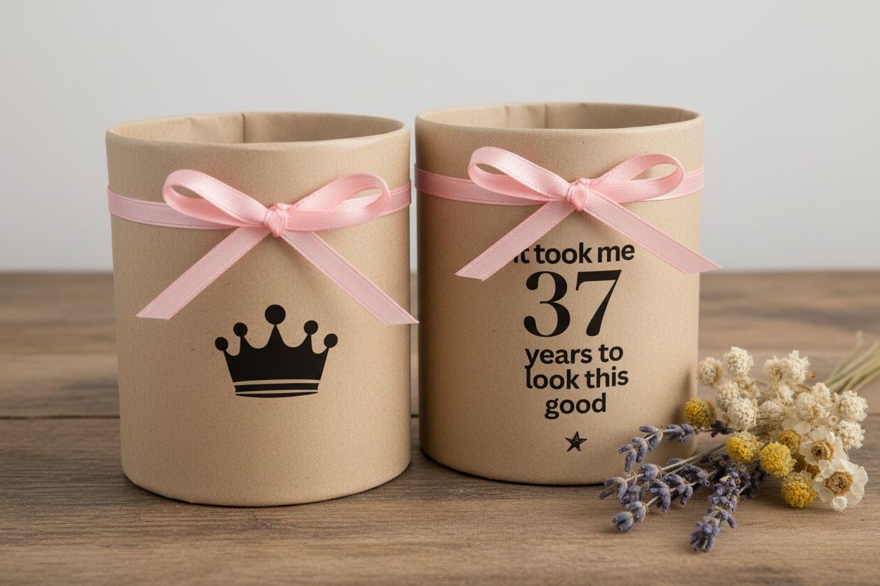 Tan gift box-wrapped mug with pink ribbon bow, crown icon and '37 years' text