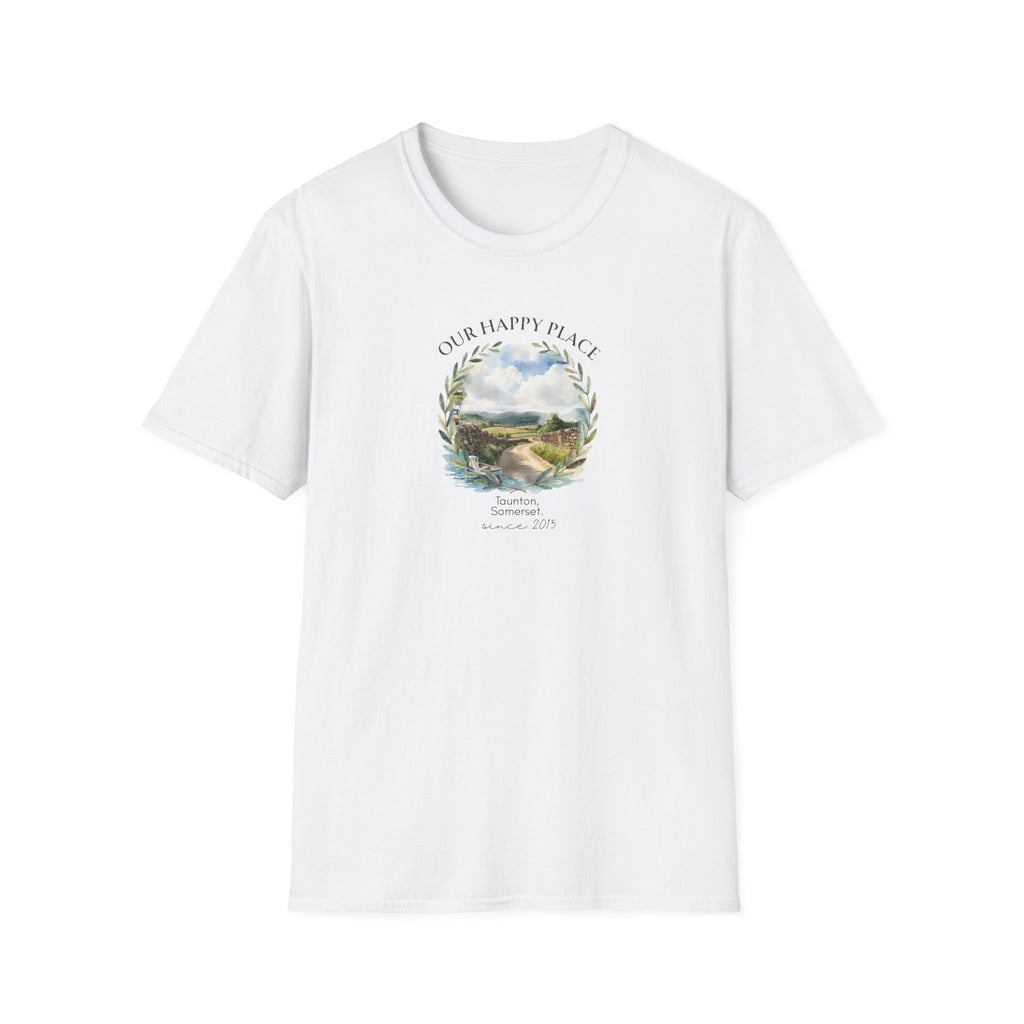 Our Happy Place Scenic T‑Shirt — Personalized Town Landscape Tee
