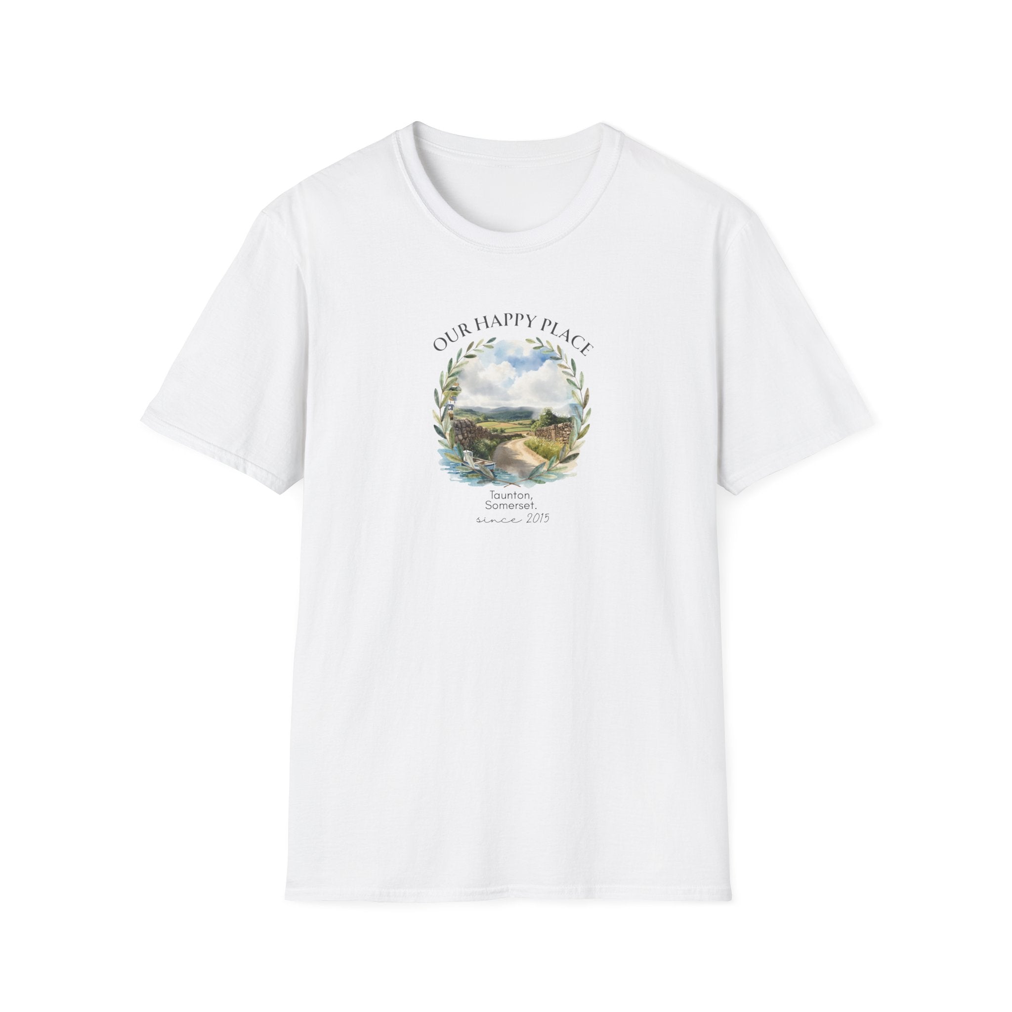 Our Happy Place Scenic T‑Shirt — Personalized Town Landscape Tee