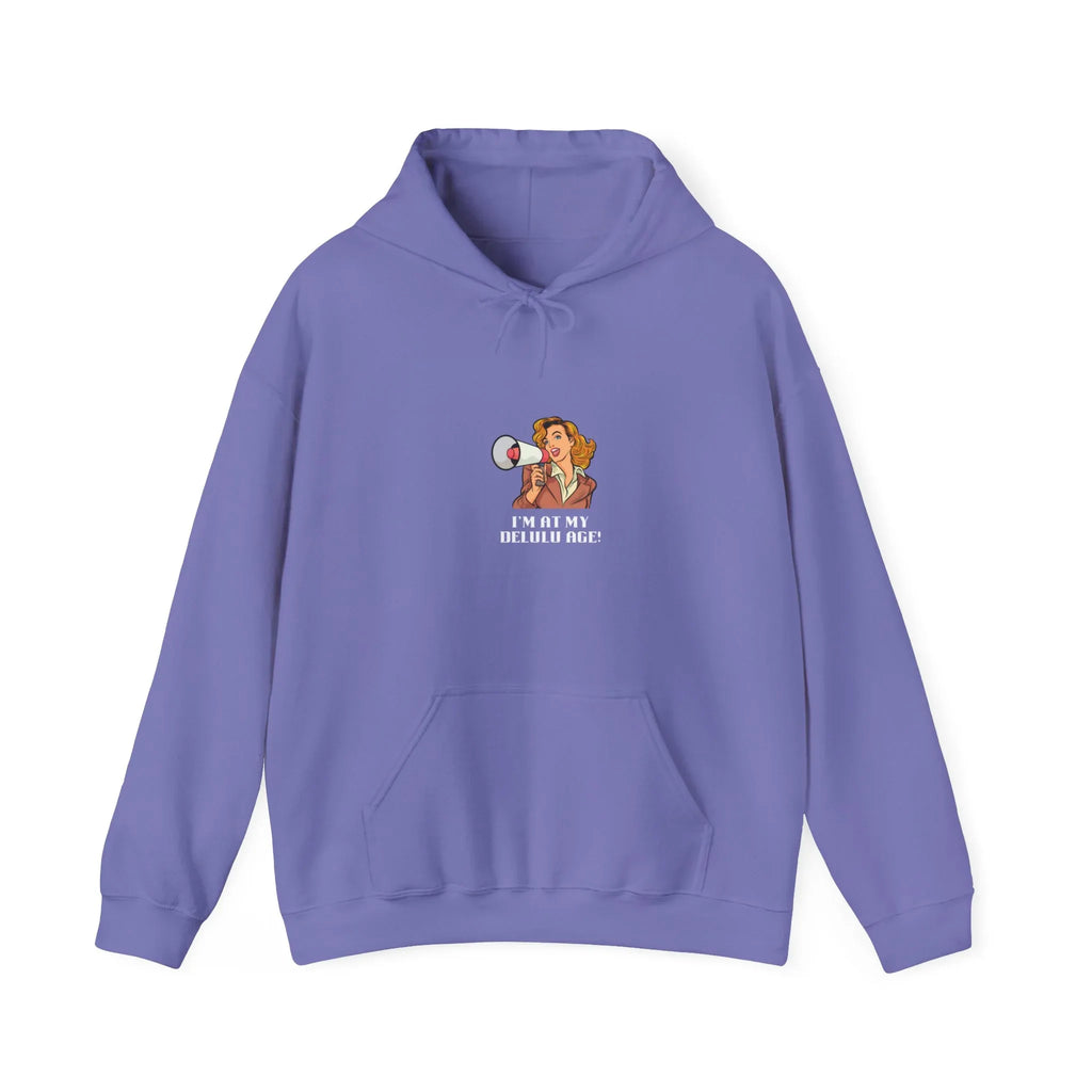 Purple hooded sweatshirt with front pocket and small chest graphic design