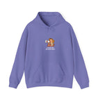 Purple hooded sweatshirt with front pocket and small chest graphic design