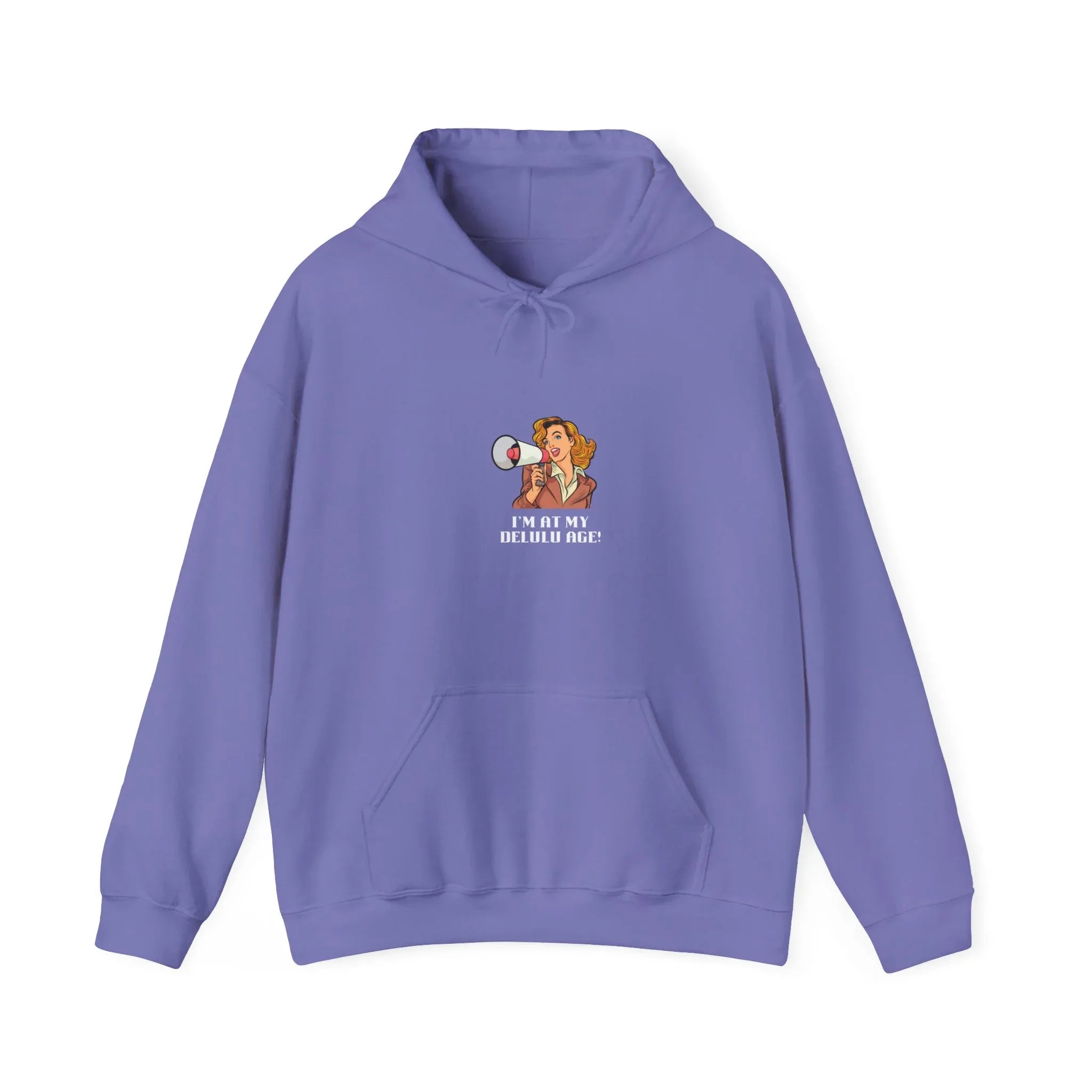 Purple hooded sweatshirt with front pocket and small chest graphic design
