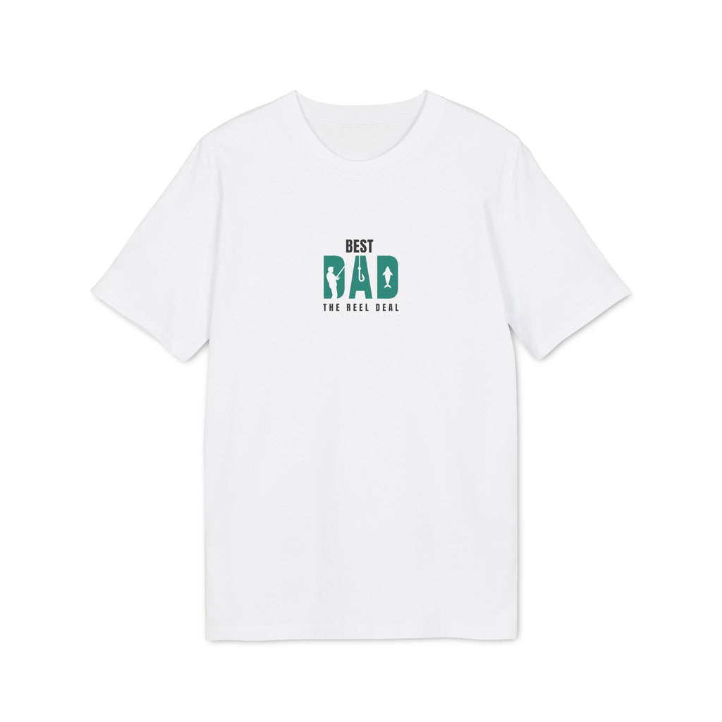 White t-shirt with small green “BEST DAD” paw/reel graphic, crew neck