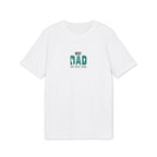 White t-shirt with small green “BEST DAD” paw/reel graphic, crew neck
