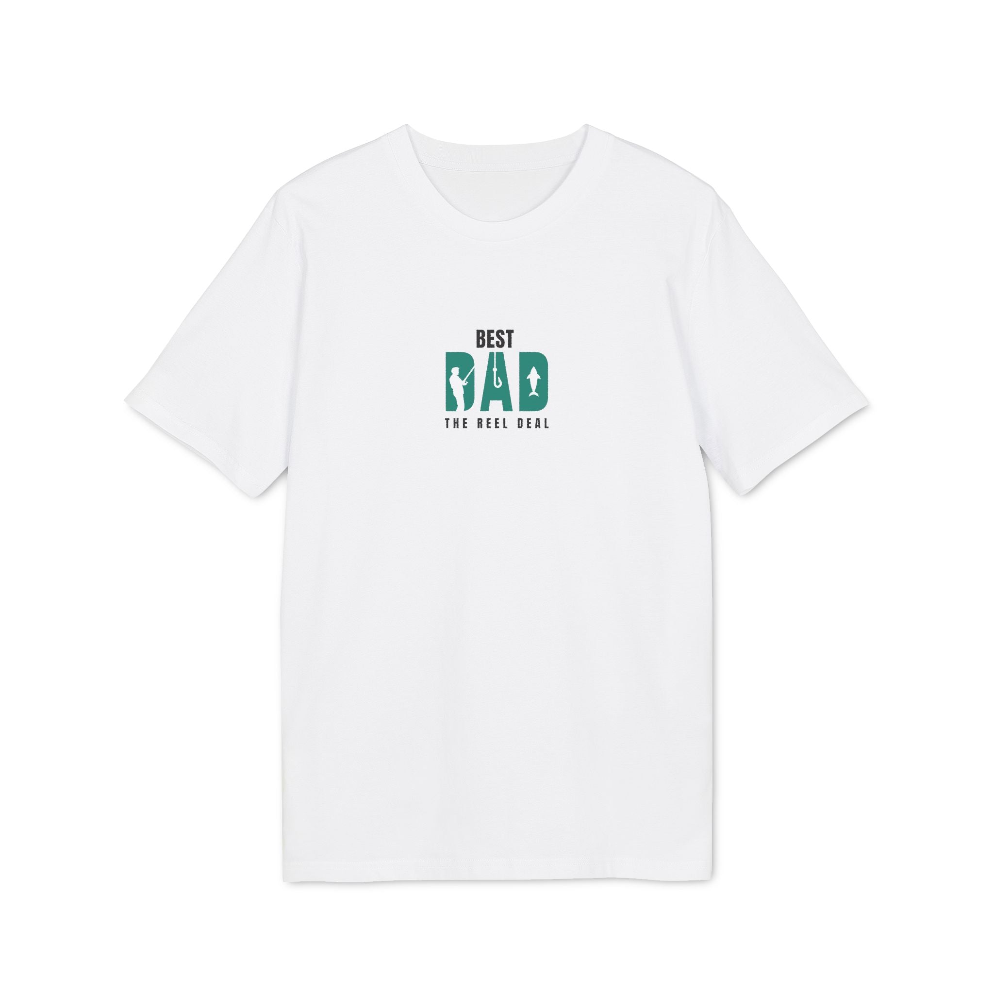 White t-shirt with small green “BEST DAD” paw/reel graphic, crew neck