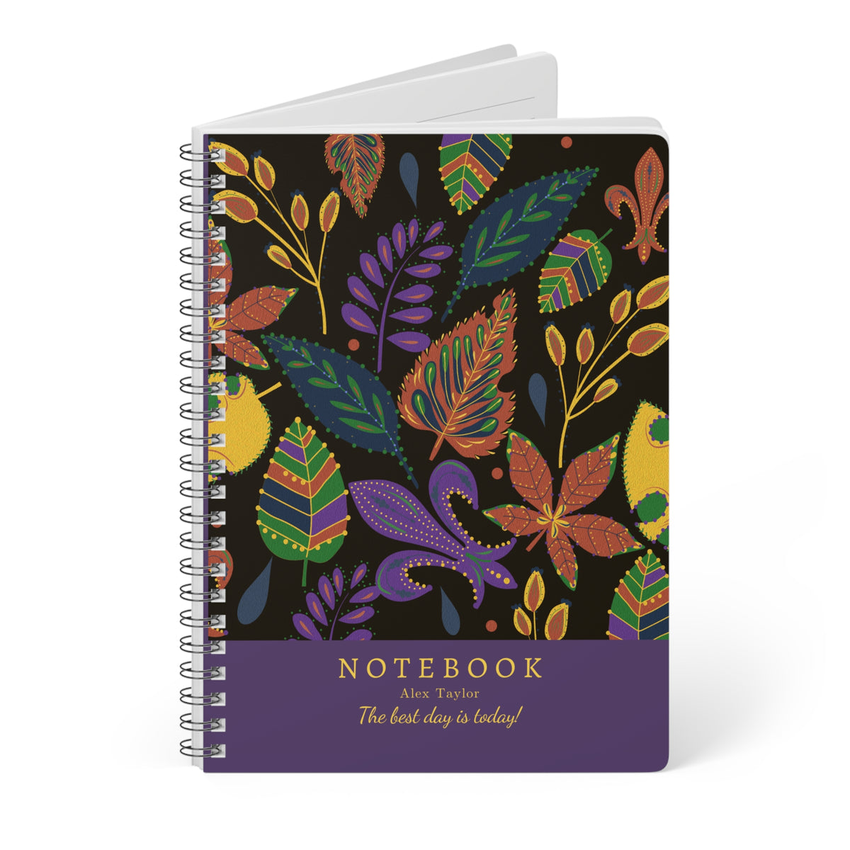 A5 leaf journal notebook with colorful floral cover and stack of blank sheets behind
