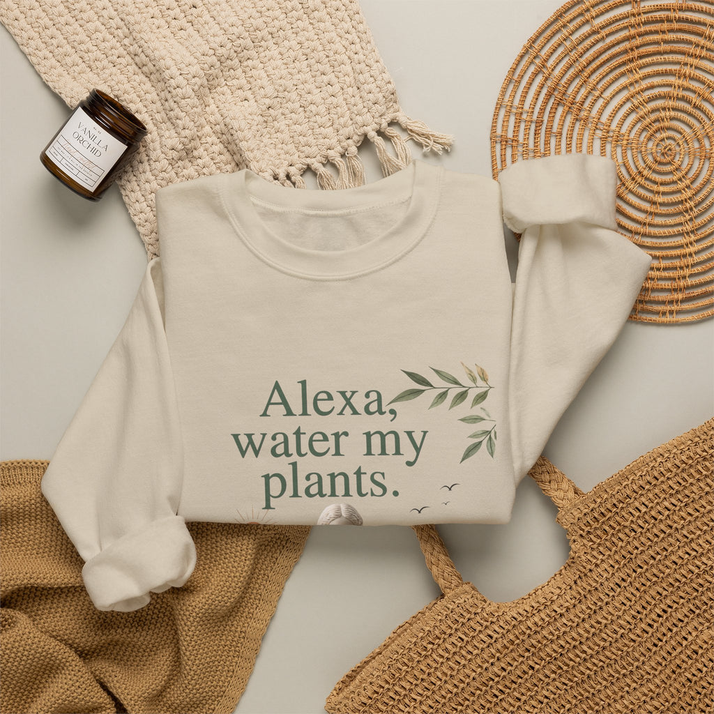 Cream sweatshirt with crew neck and front plant-themed slogan graphic, folded for display