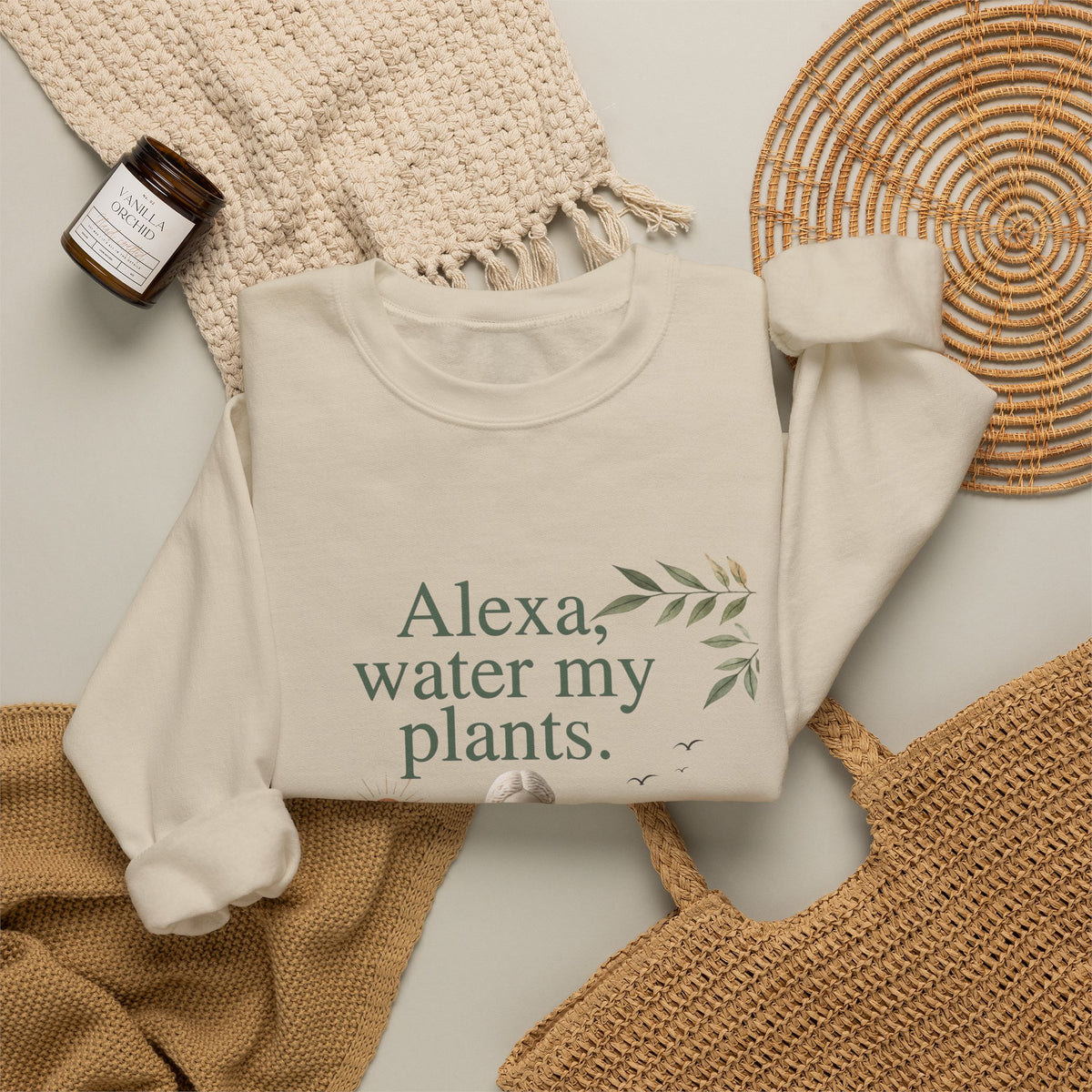 Cream sweatshirt with crew neck and front plant-themed slogan graphic, folded for display