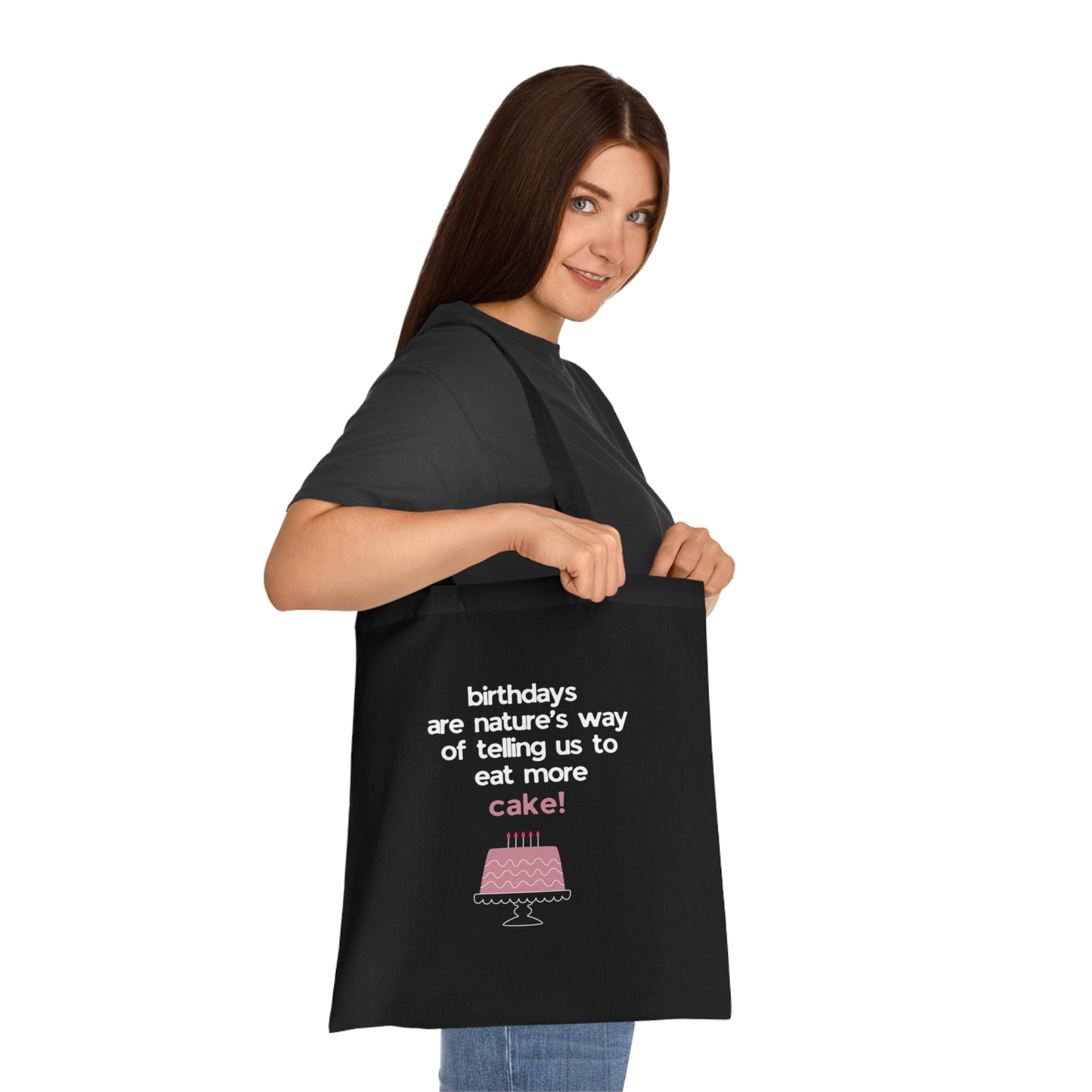 Birthday Cake Tote Bag – "Birthdays Are Nature’s Way of Telling Us to Eat More Cake" Cotton Shopper