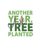 Close-up of green “Another Year, Tree Planted” text graphic on sweatshirt.