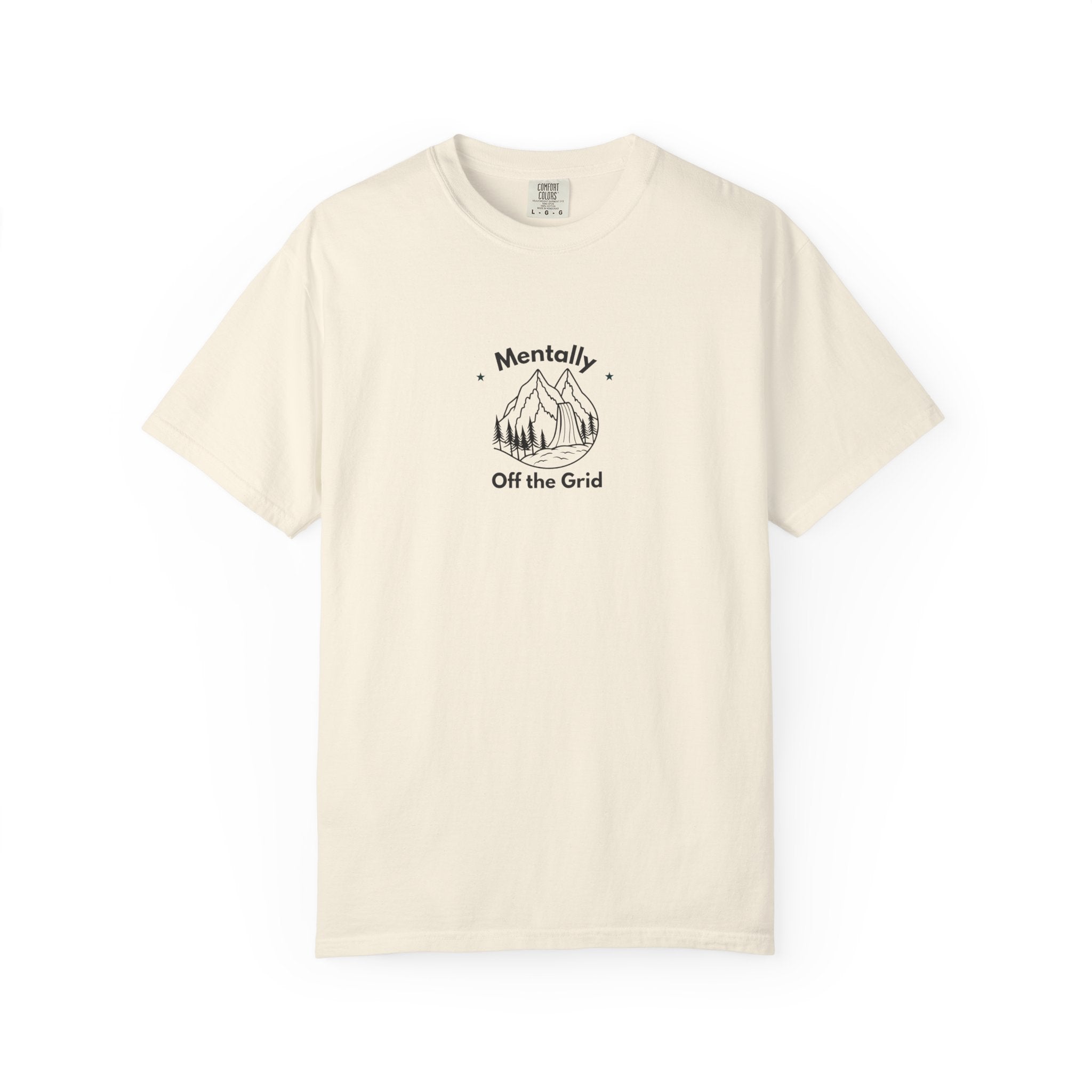 Ivory t-shirt with Mentally Off the Grid mountain graphic