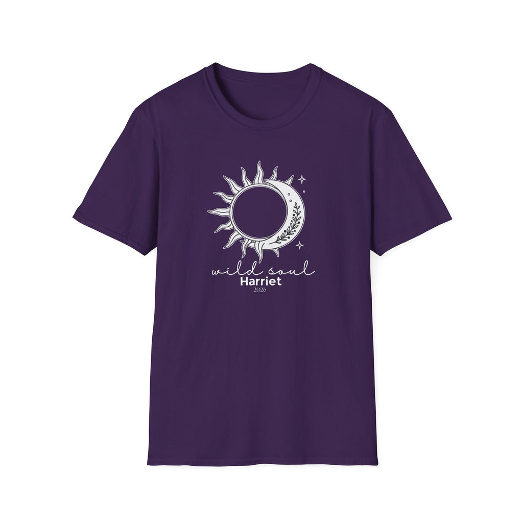 Purple crew-neck t-shirt featuring a sun-and-moon graphic with text