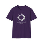 Purple crew-neck t-shirt featuring a sun-and-moon graphic with text