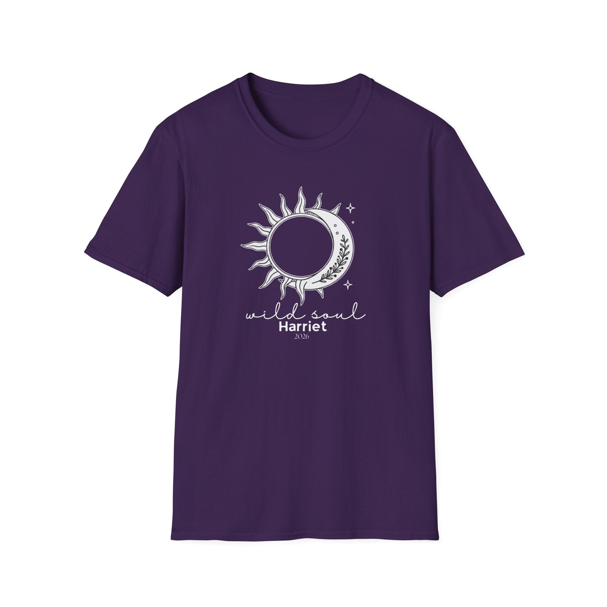 Purple crew-neck t-shirt featuring a sun-and-moon graphic with text