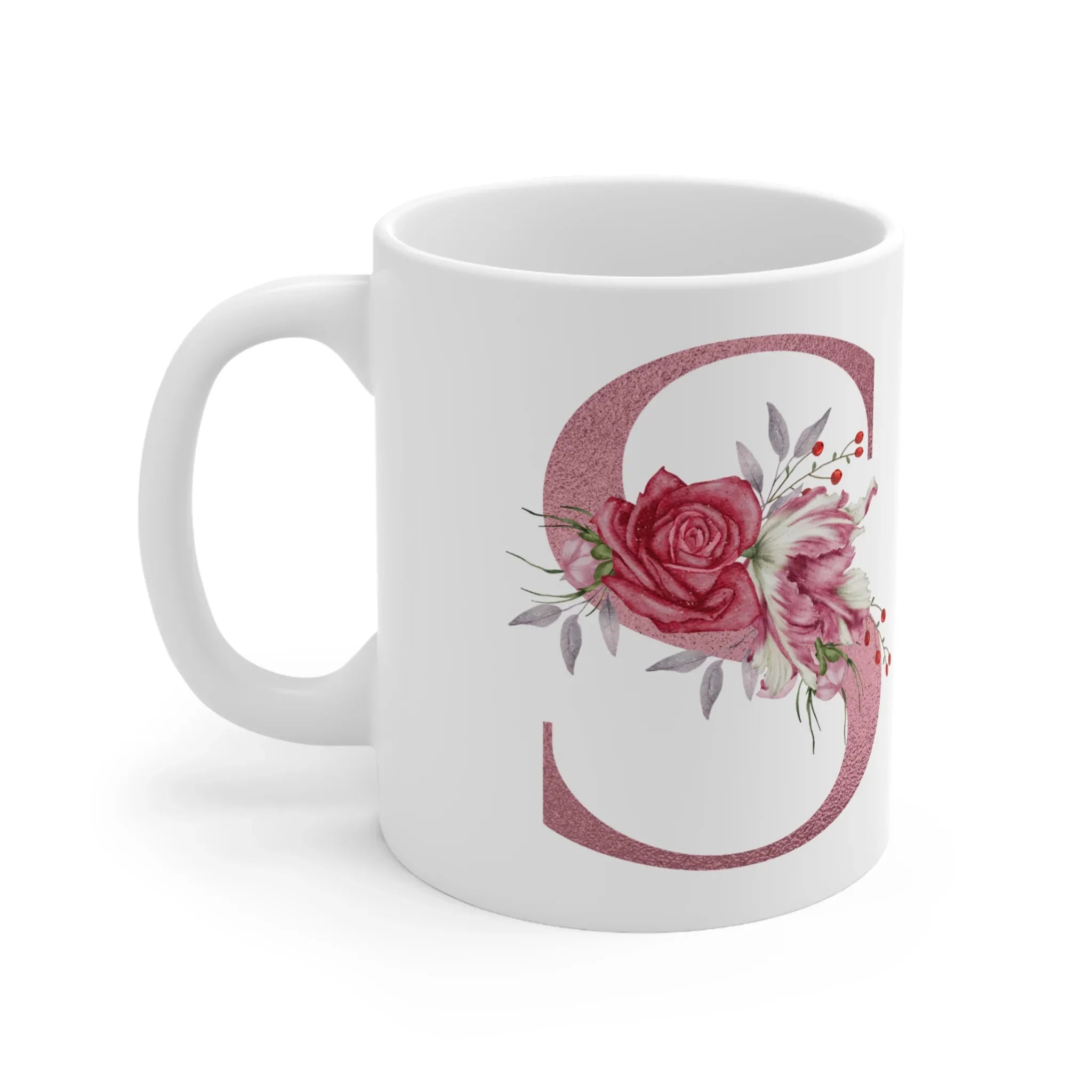 White ceramic mug with large floral letter C design, featuring pink roses.