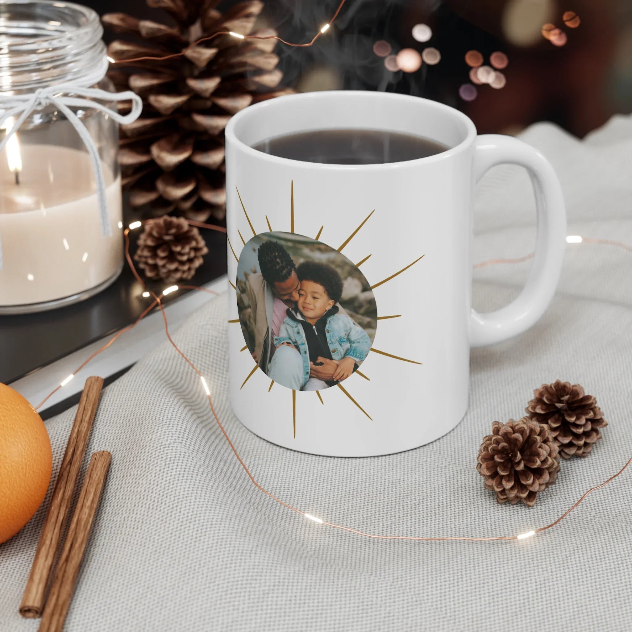 White mug with child-and-father photo design on front, resting on a table.