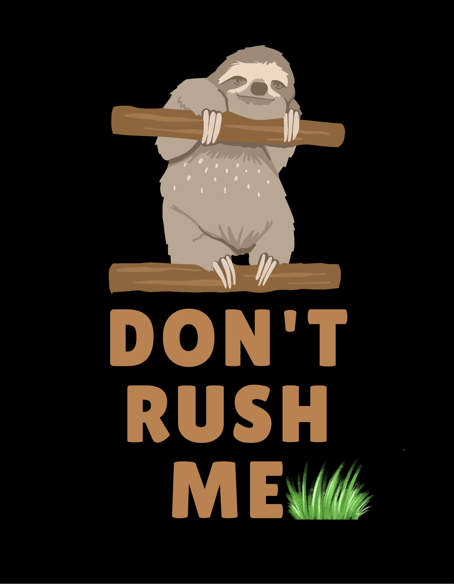 Sloth graphic sweatshirt with “DON’T RUSH ME” text and green grass accent
