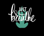 Hoodie logo graphic: 'Just Breathe' with teal heart on black background