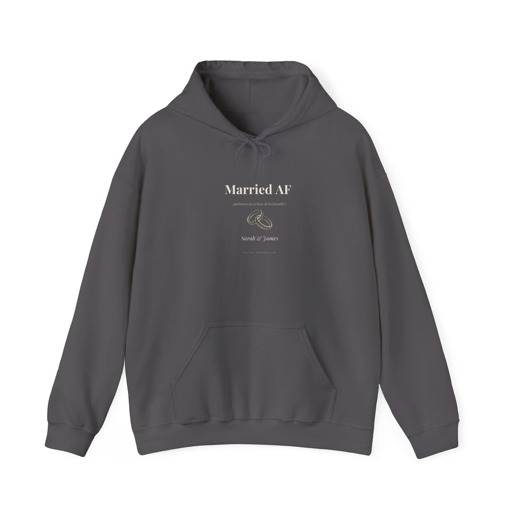Charcoal gray couples hoodie with drawstring hood, kangaroo pocket, "Married AF" print