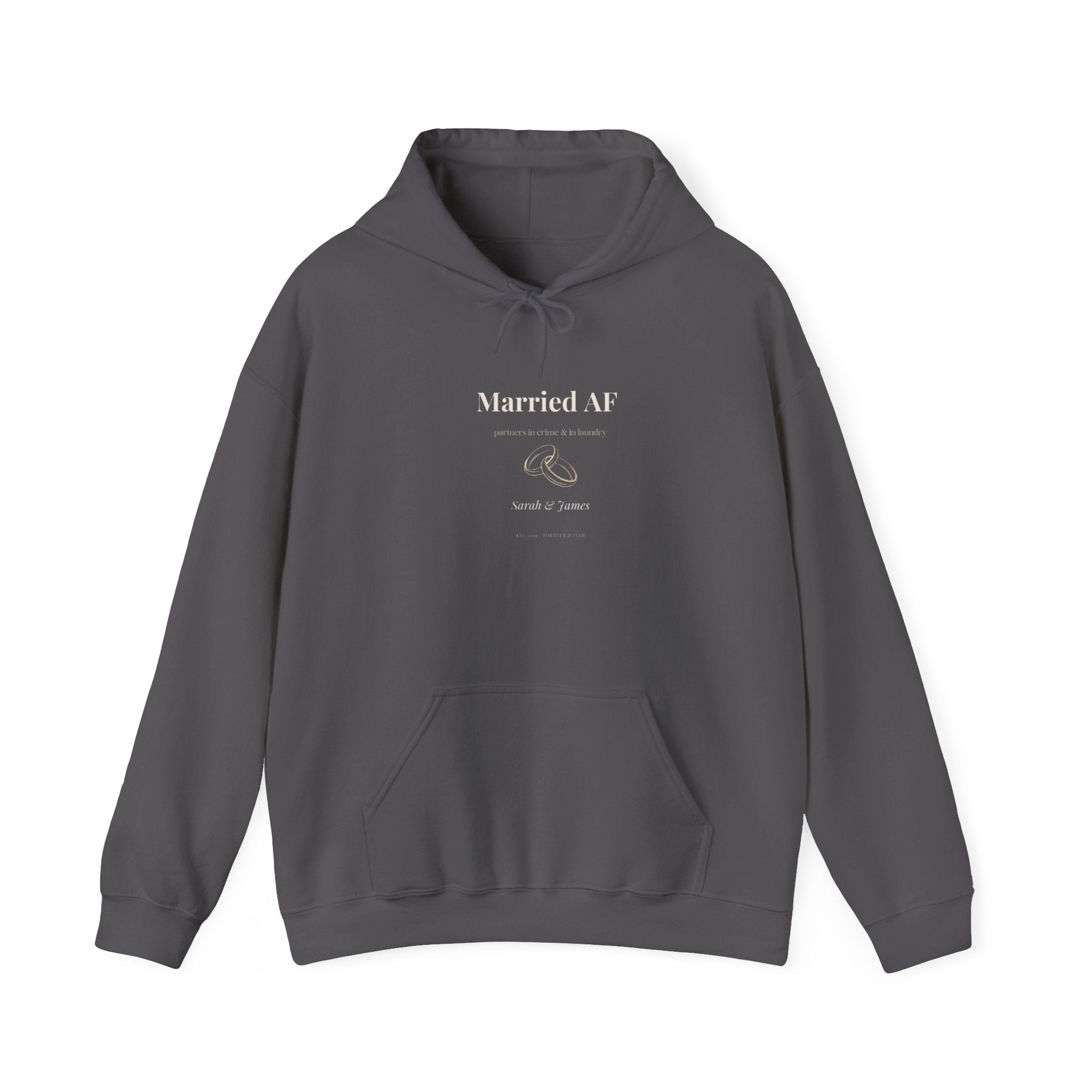 Charcoal gray couples hoodie with drawstring hood, kangaroo pocket, "Married AF" print