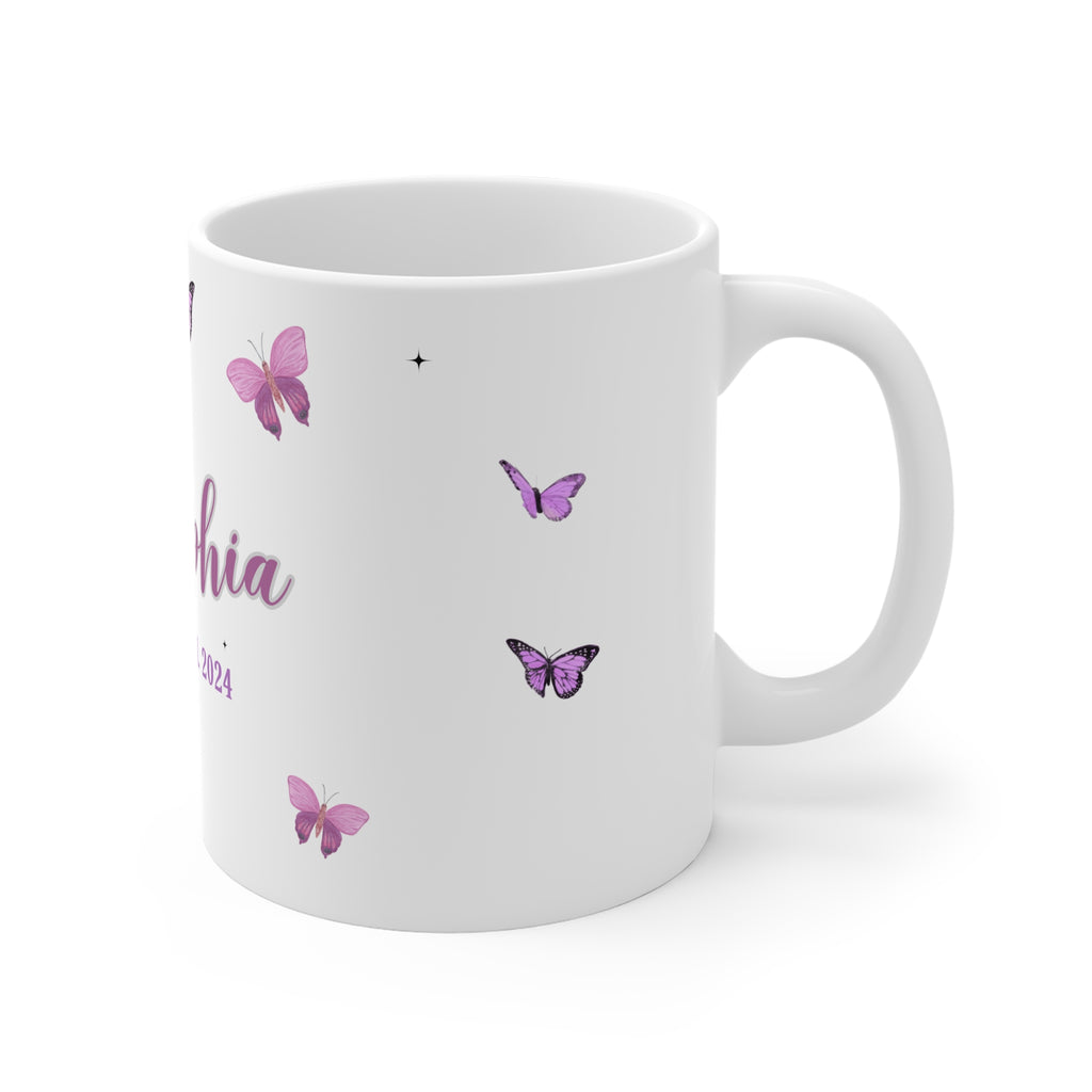 Personalised butterfly mug with purple butterflies and partial name text ending in lia.