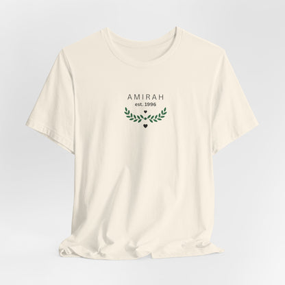 Personalized Name Tee — “AMIRAH est. 1996” Floral Monogram T-Shirt