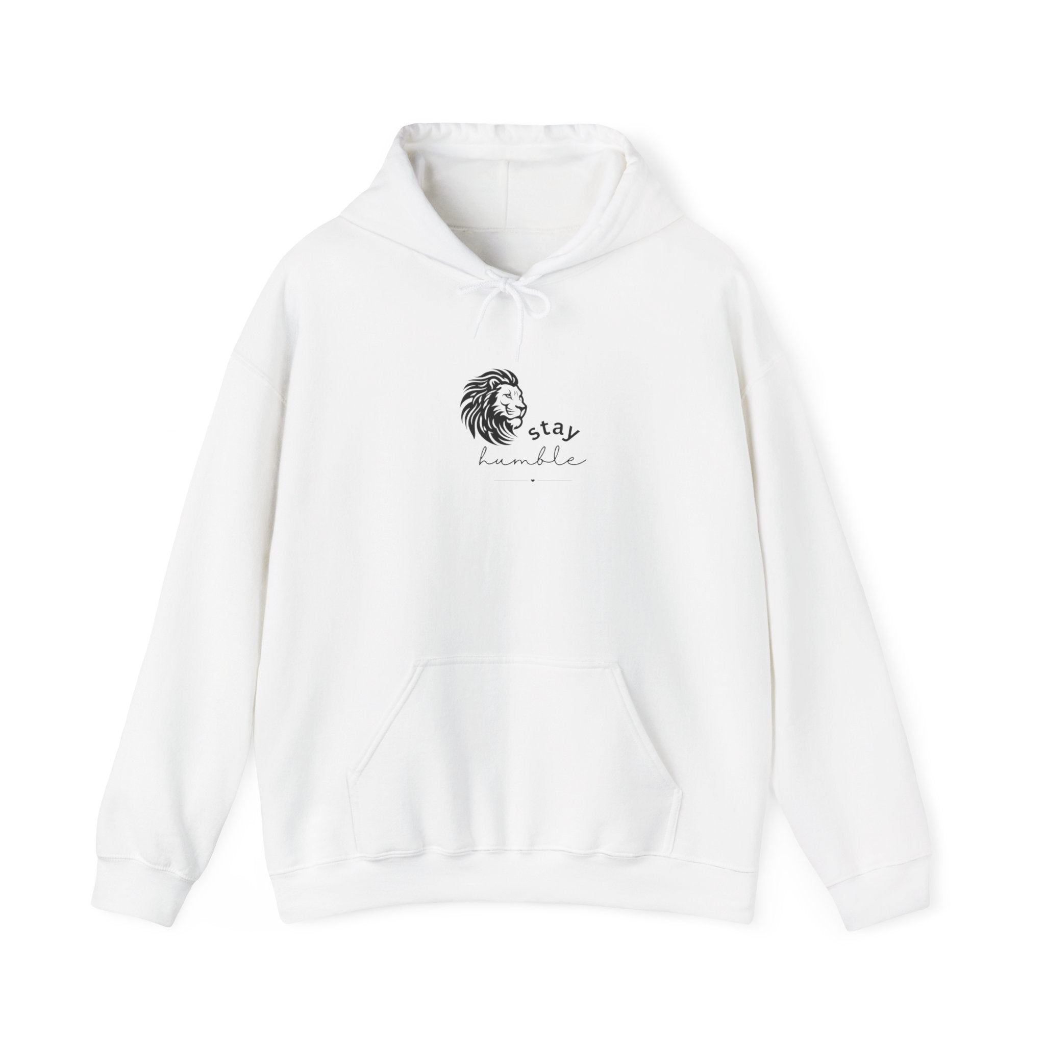 White lion graphic hoodie with front pocket and drawstring hood, “stay humble” logo print
