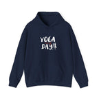 Navy yoga hoodie with "YOGA every day!" graphic, hood and kangaroo pocket