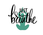Hoodie logo graphic: 'Just Breathe' with teal heart on white background