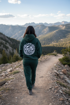 Forest green hooded sweatshirt with Save the Planet back emblem, relaxed fit