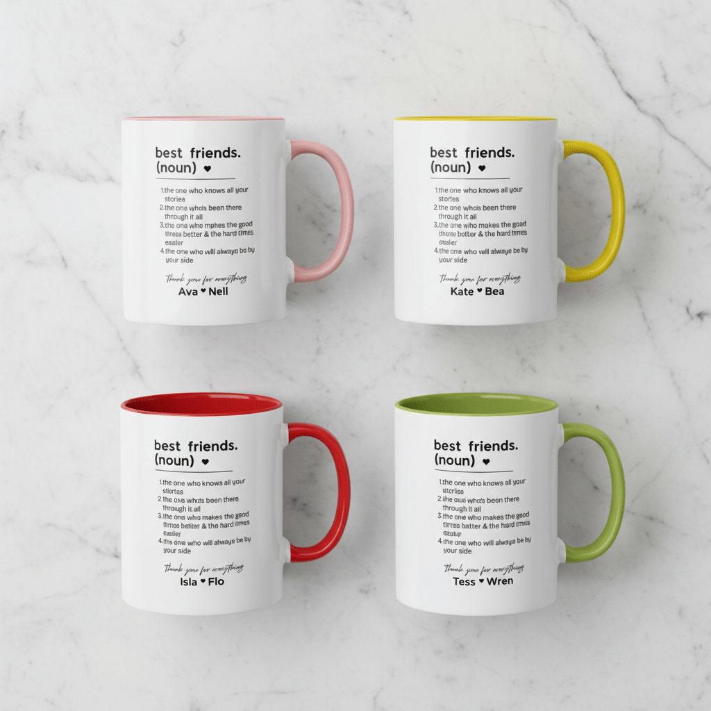 Personalised friendship mugs set of four, white with pink, yellow, red, and green handles