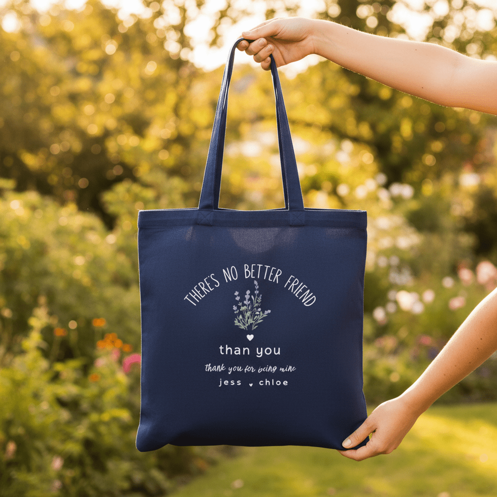 Navy tote bag held by hand, 'There's No Better Friend' thank you print