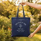 Navy tote bag held by hand, 'There's No Better Friend' thank you print