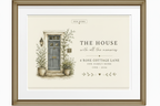 Framed canvas print with illustrated home, gray door, and script 'memories' lettering