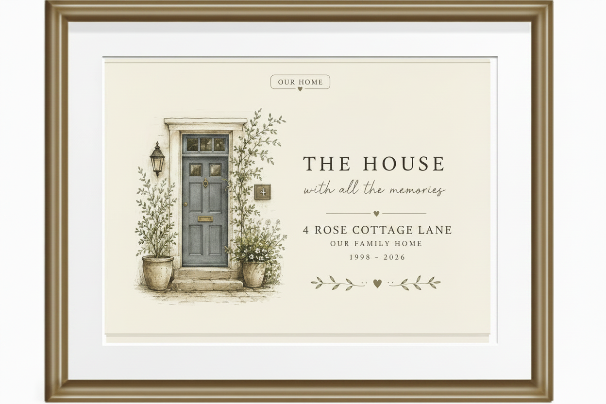 Framed canvas print with illustrated home, gray door, and script 'memories' lettering