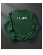 Green crewneck sweatshirt with CHAOS Est.2020 text, long sleeves