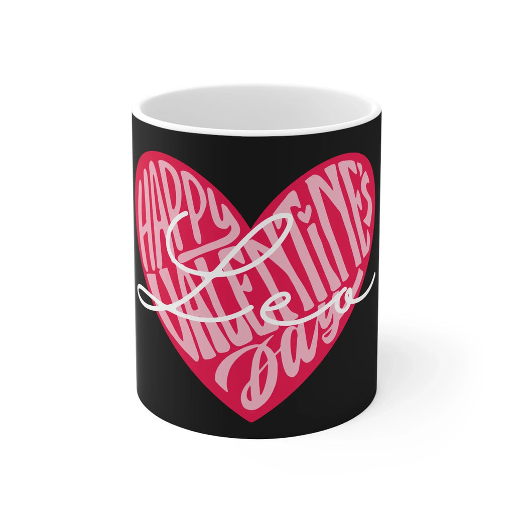 Black ceramic mug with pink heart “Happy Valentine’s Day” logo