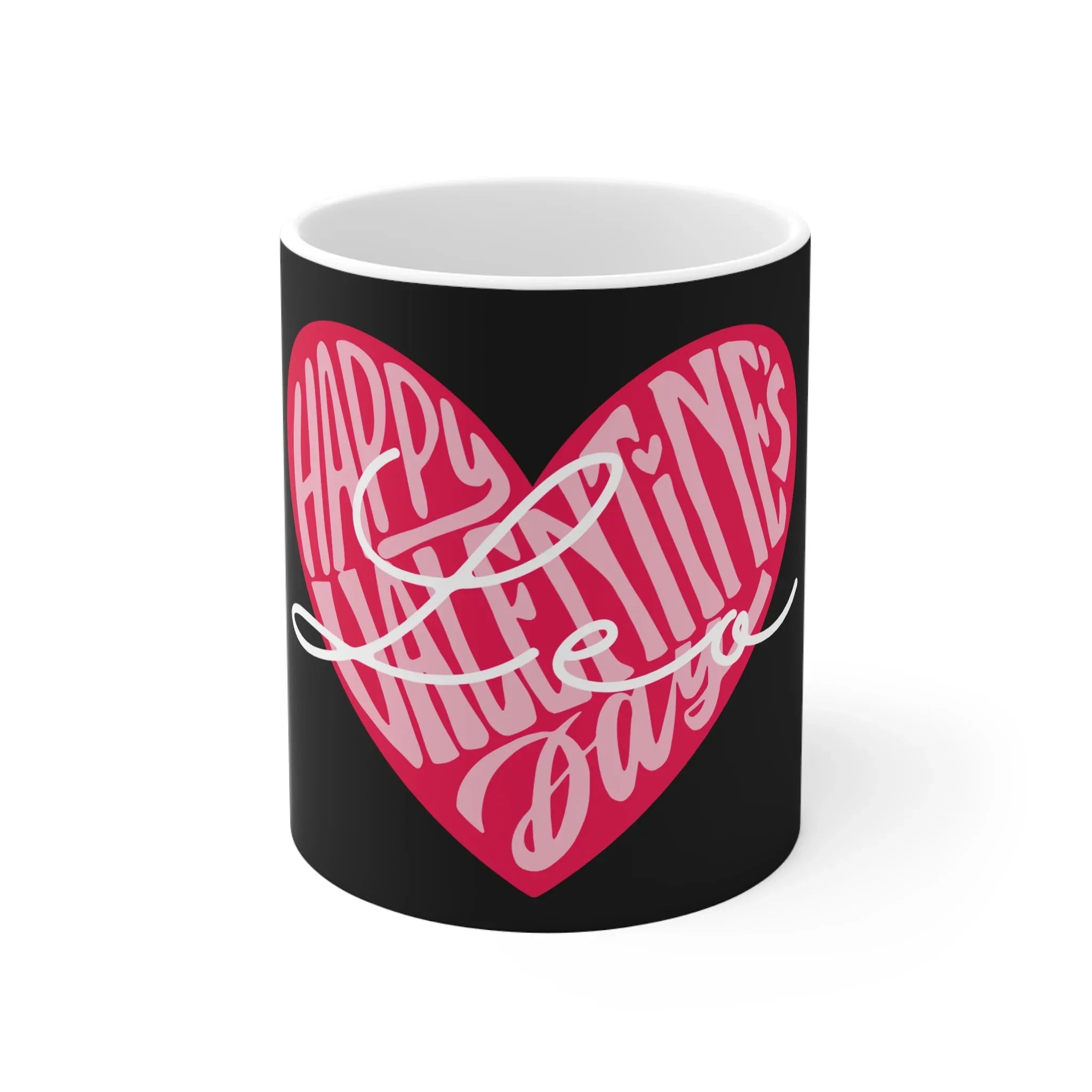 Black ceramic mug with pink heart “Happy Valentine’s Day” logo