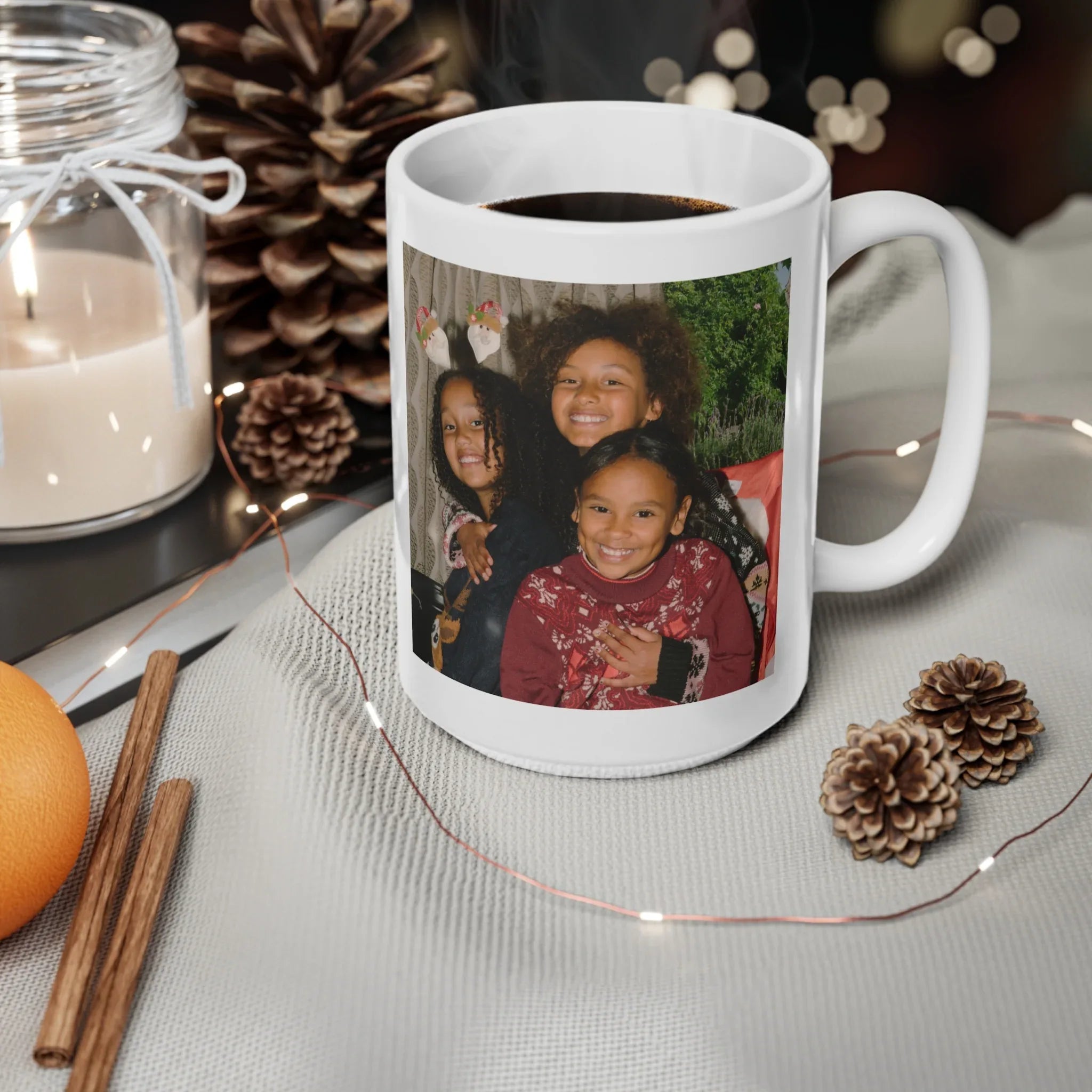White ceramic mug with custom family photo print on the front and handle
