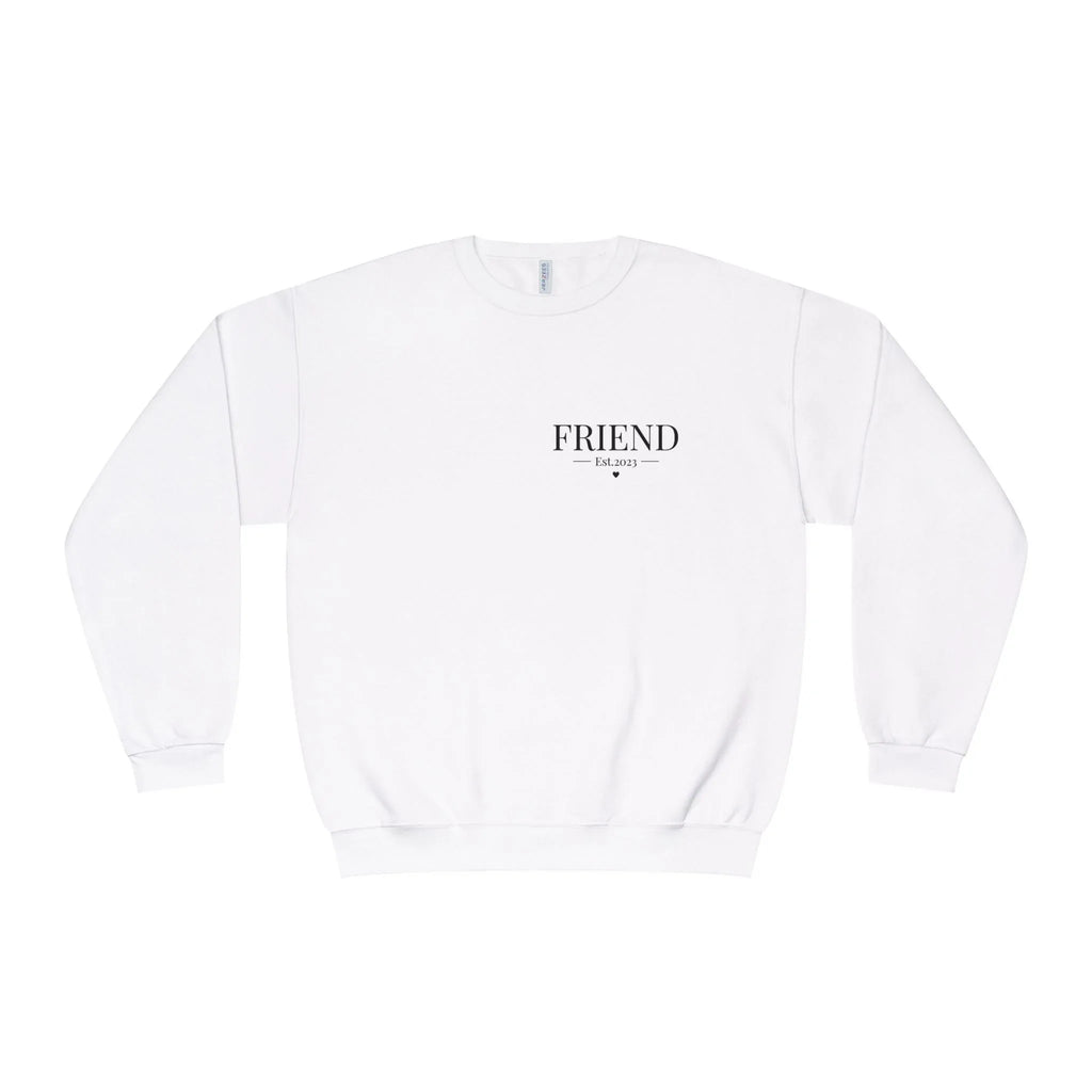 White personalised sweatshirt with 'FRIEND' Est.2023 front print