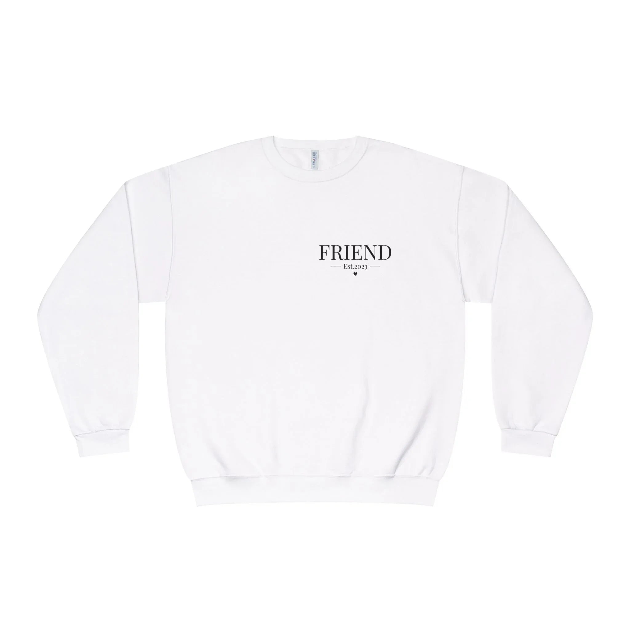 White personalised sweatshirt with 'FRIEND' Est.2023 front print