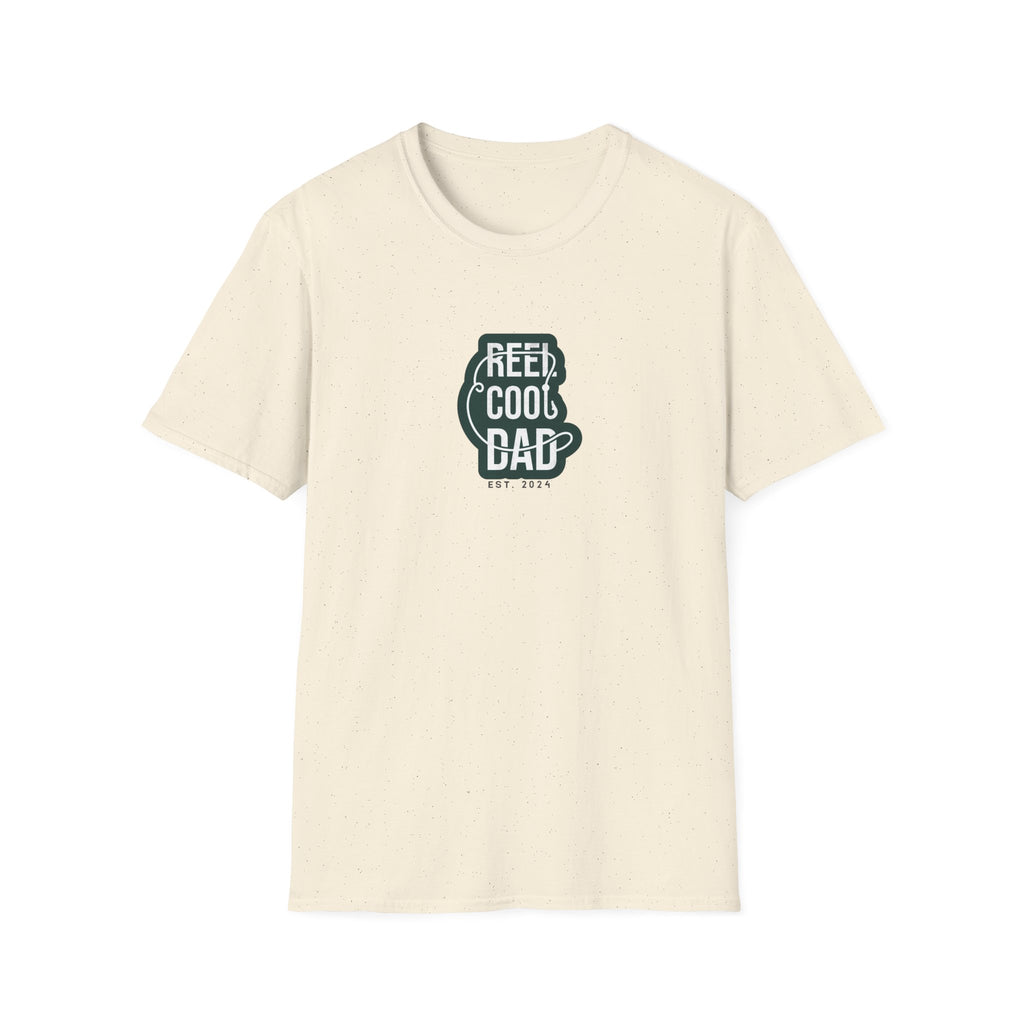 Cream crewneck graphic T-shirt with green 'REEL COOL DAD' logo, EST 2024
