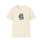 Cream crewneck graphic T-shirt with green 'REEL COOL DAD' logo, EST 2024