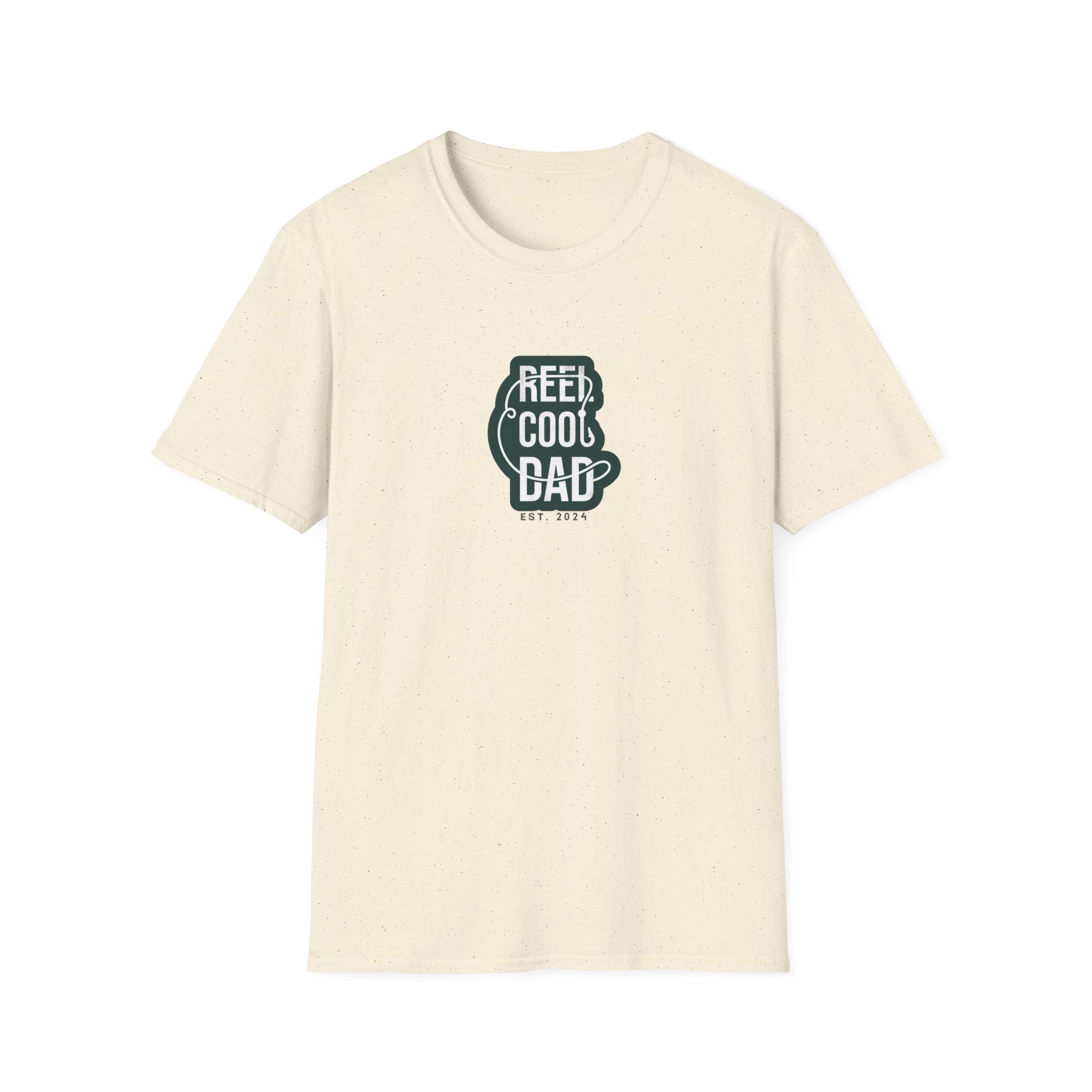 Cream crewneck graphic T-shirt with green 'REEL COOL DAD' logo, EST 2024