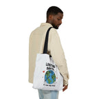 White tote bag with Earth graphic and text Love the Earth, it’s our only home