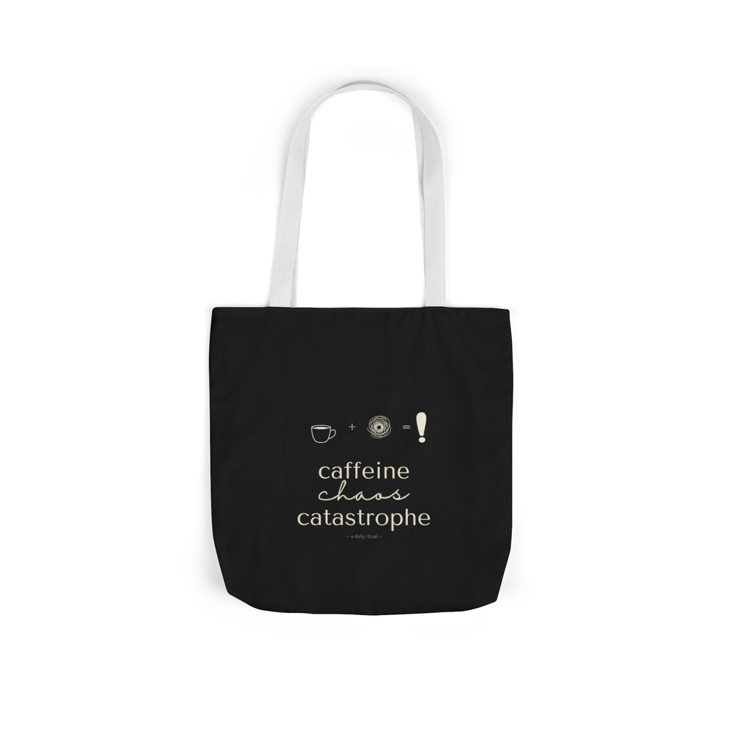 Black tote bag with white lettering “caffeine chaos catastrophe” and cup + swirl icon.